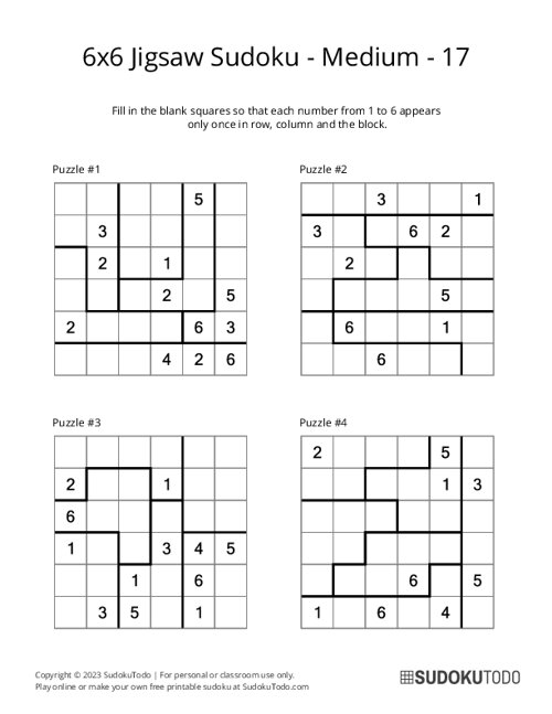 6x6 Jigsaw Sudoku - Medium - 17
