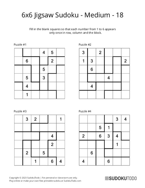 6x6 Jigsaw Sudoku - Medium - 18