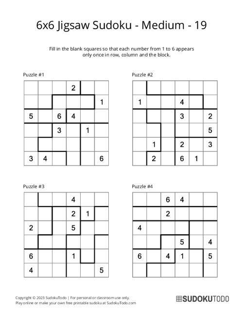 6x6 Jigsaw Sudoku - Medium - 19