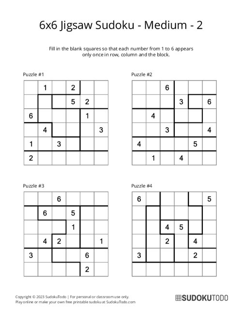 6x6 Jigsaw Sudoku - Medium - 2