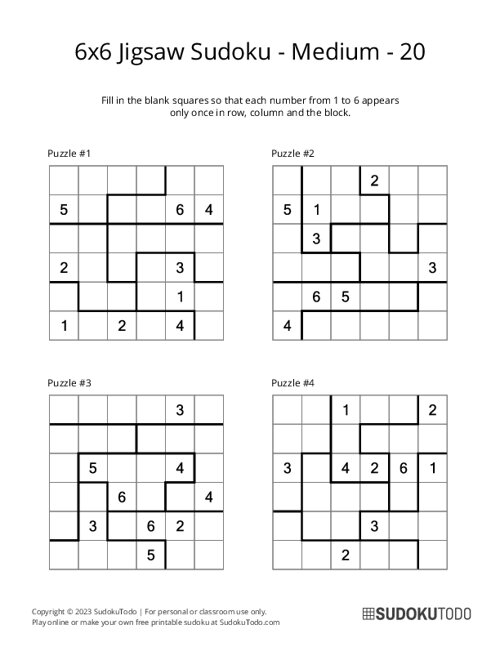 6x6 Jigsaw Sudoku - Medium - 20