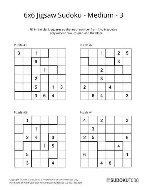 6x6 Jigsaw Sudoku - Medium - 3