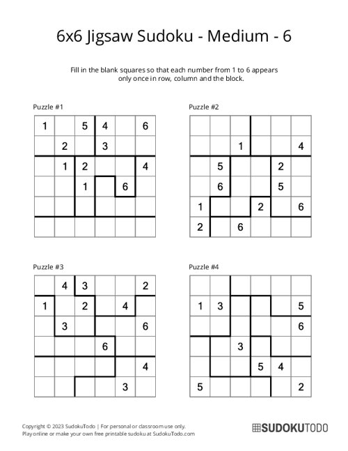 6x6 Jigsaw Sudoku - Medium - 6