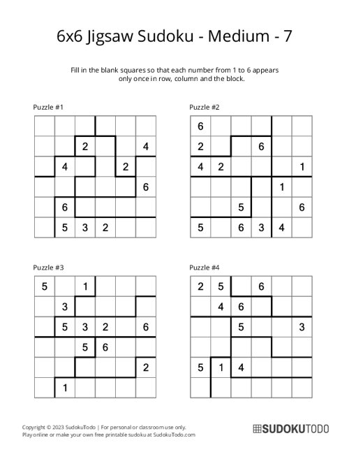 6x6 Jigsaw Sudoku - Medium - 7