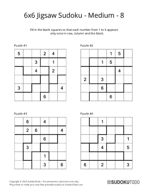 6x6 Jigsaw Sudoku - Medium - 8
