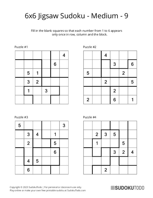 6x6 Jigsaw Sudoku - Medium - 9