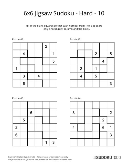 6x6 Jigsaw Sudoku - Hard - 10