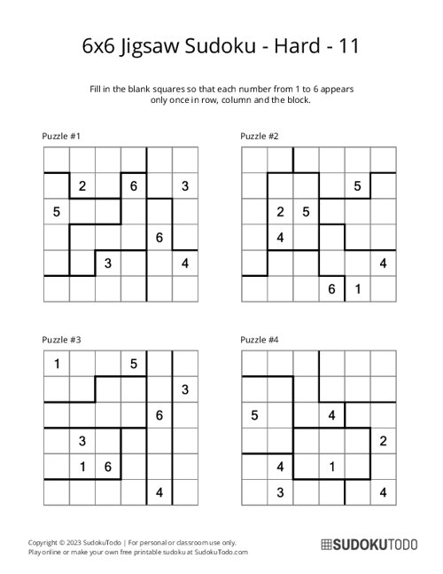 6x6 Jigsaw Sudoku - Hard - 11