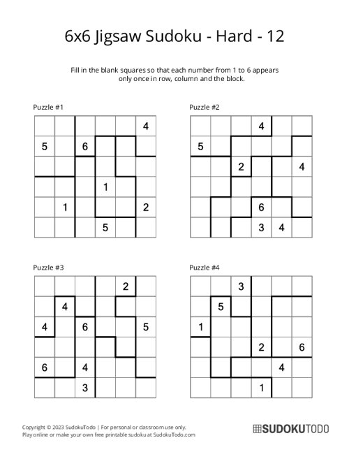 6x6 Jigsaw Sudoku - Hard - 12