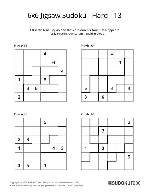 6x6 Jigsaw Sudoku - Hard - 13