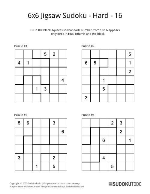 6x6 Jigsaw Sudoku - Hard - 16