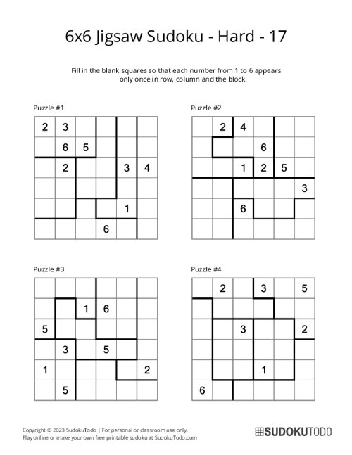 6x6 Jigsaw Sudoku - Hard - 17