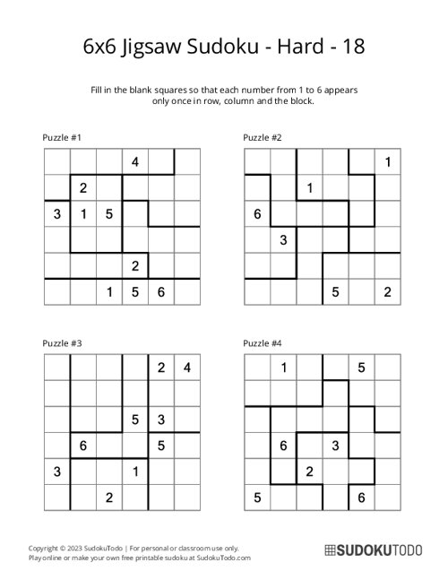 6x6 Jigsaw Sudoku - Hard - 18