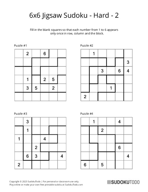 6x6 Jigsaw Sudoku - Hard - 2