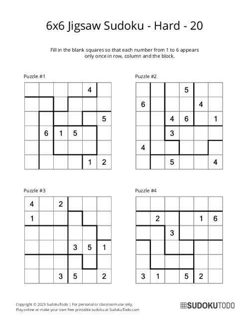 6x6 Jigsaw Sudoku - Hard - 20