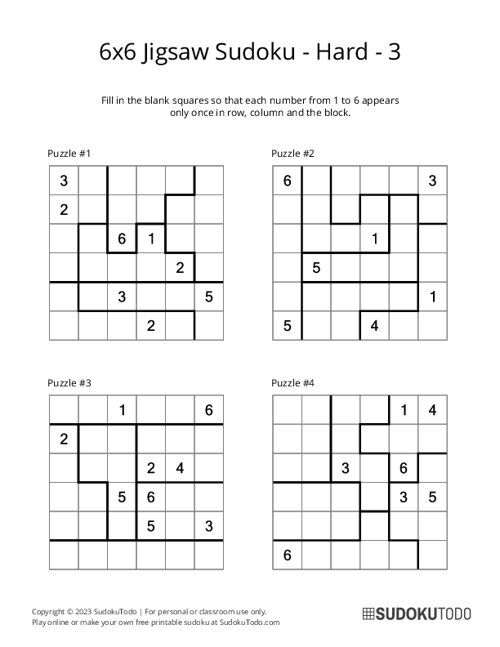 6x6 Jigsaw Sudoku - Hard - 3