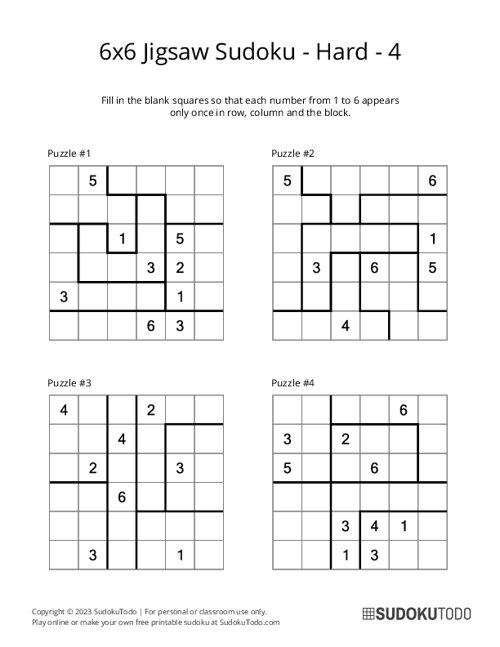 6x6 Jigsaw Sudoku - Hard - 4