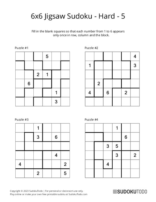6x6 Jigsaw Sudoku - Hard - 5