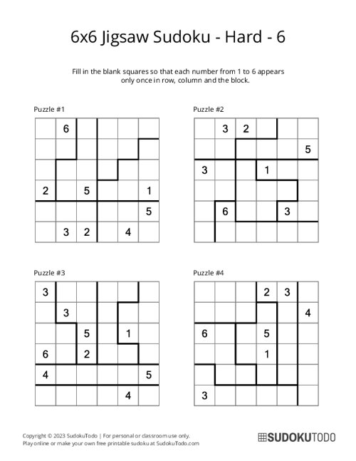 6x6 Jigsaw Sudoku - Hard - 6
