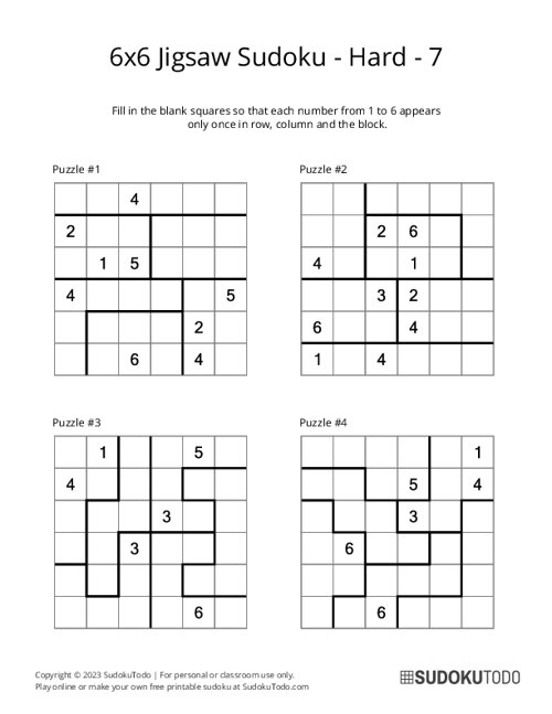 6x6 Jigsaw Sudoku - Hard - 7