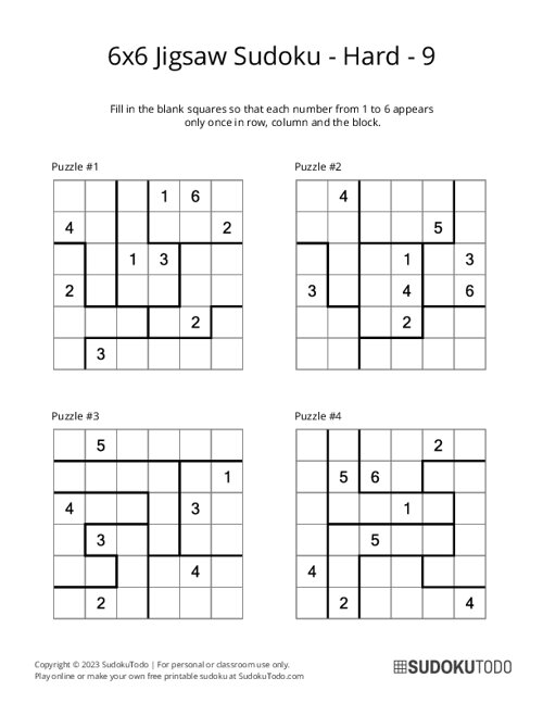 6x6 Jigsaw Sudoku - Hard - 9