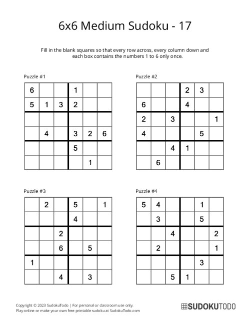 6x6 Sudoku - Medium - 17