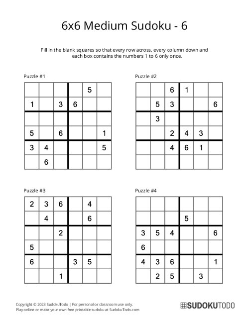 6x6 Sudoku Puzzles Printable - Sheet 1