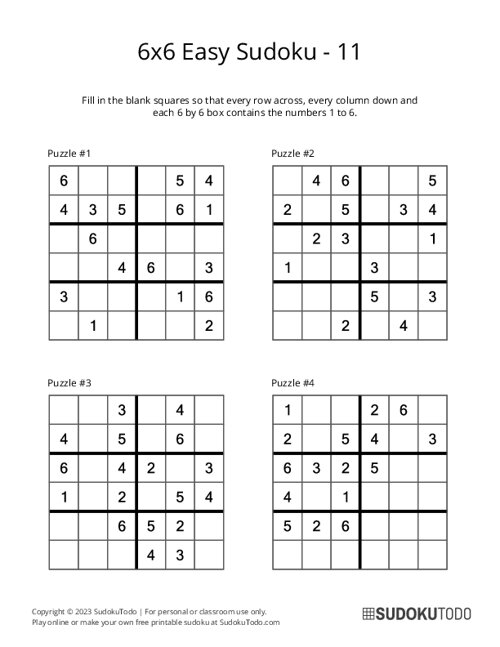 6x6 Easy Sudoku Puzzles Printable