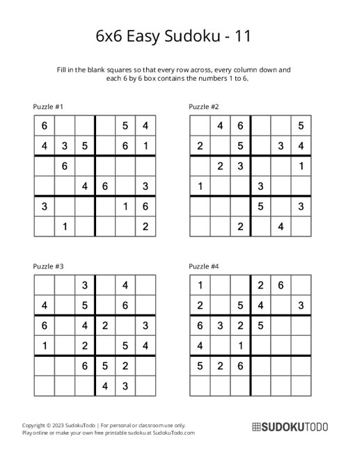 Free Printable Sudoku 6x6 Puzzles