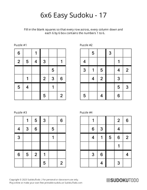 6x6 Sudoku for Kids with numbers - Play Sudoku Online