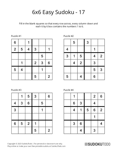 6x6 Sudoku Printable (Great for beginners!)