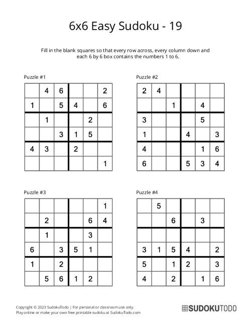 Free Printable Sudoku 6x6 Puzzles