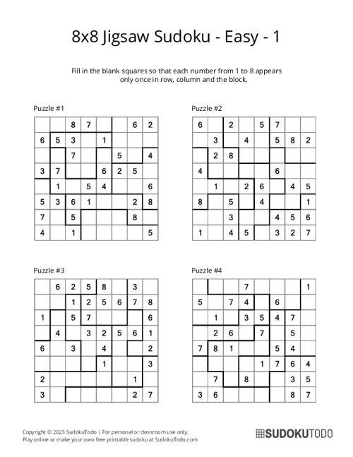 8x8 Jigsaw Sudoku - Easy - 1
