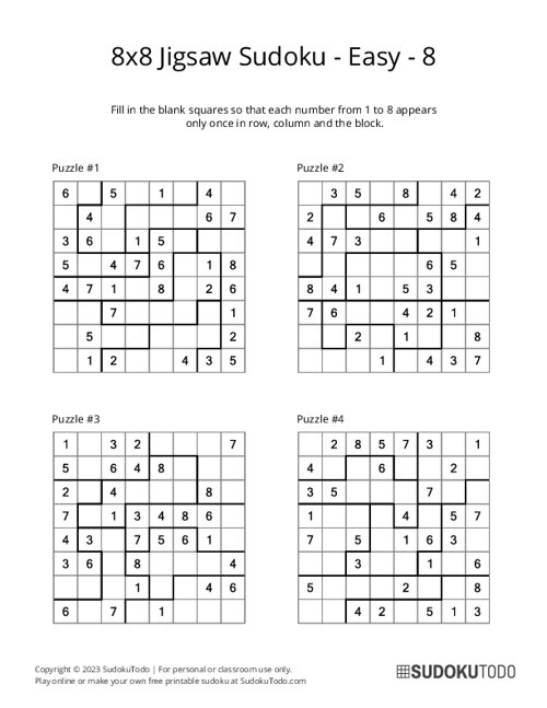 8x8 Jigsaw Sudoku - Easy - 8