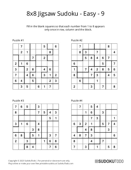 8x8 Jigsaw Sudoku - Easy - 9