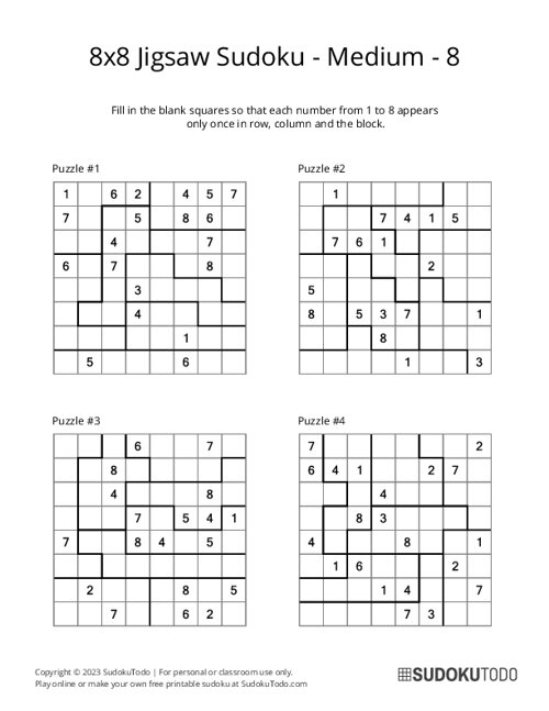 8x8 Jigsaw Sudoku - Medium - 8