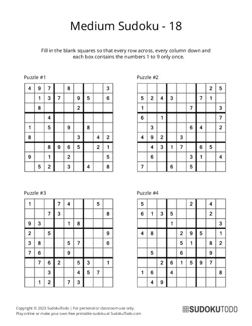 Medium Sudoku Puzzles Printable