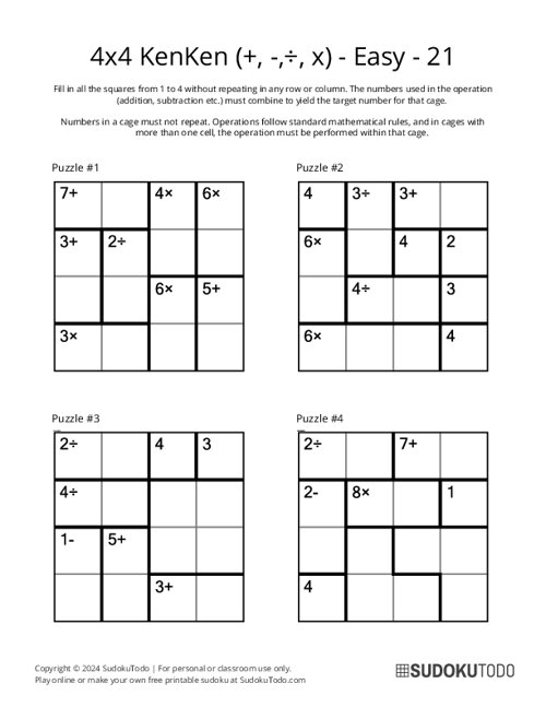 4x4 KenKen (+,-,÷,x) - Easy - 21