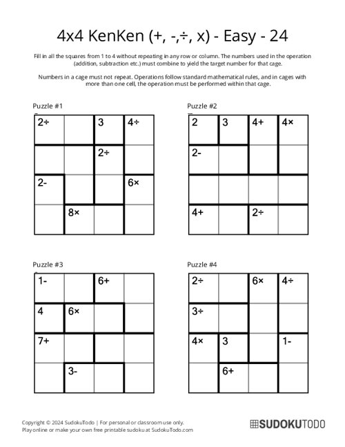 4x4 KenKen (+,-,÷,x) - Easy - 24