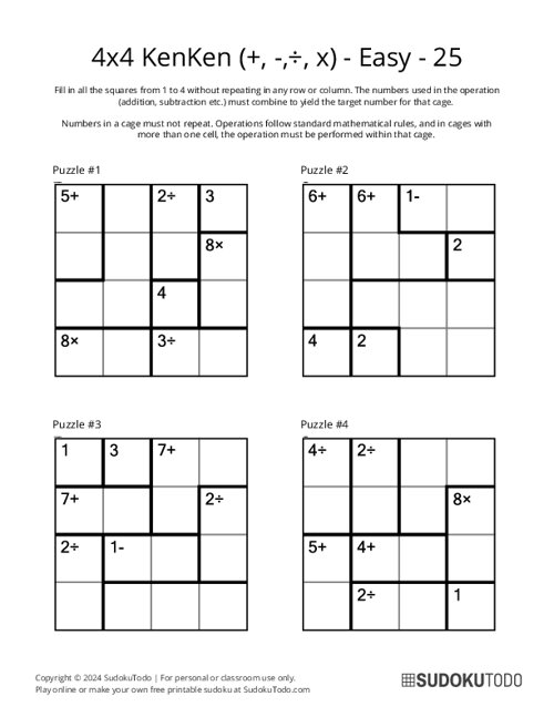 4x4 KenKen (+,-,÷,x) - Easy - 25