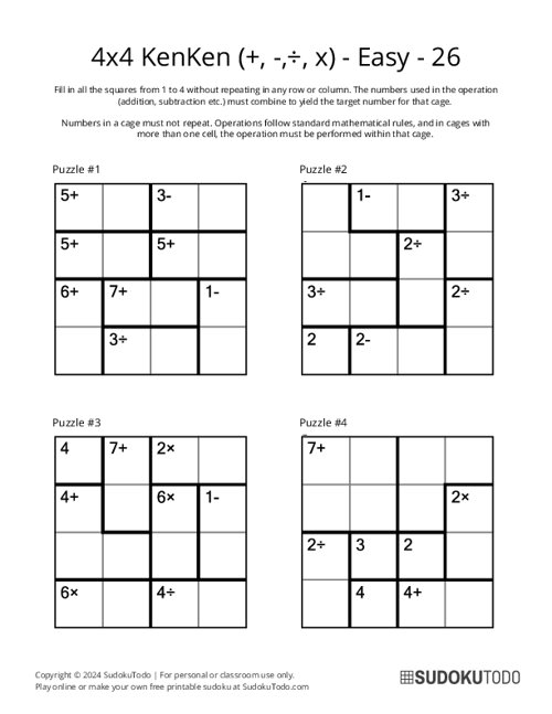 4x4 KenKen (+,-,÷,x) - Easy - 26