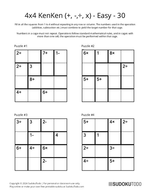 4x4 KenKen (+,-,÷,x) - Easy - 30