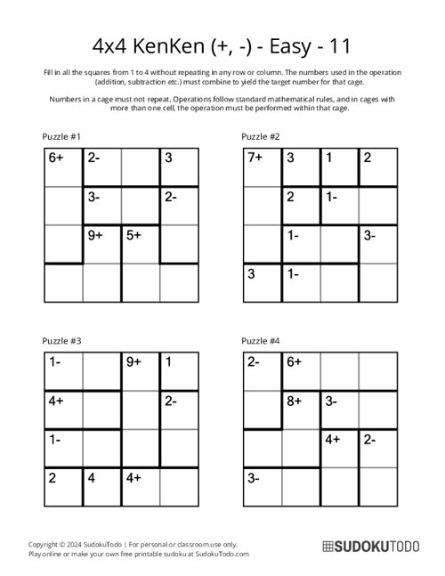 4x4 KenKen (+,-) - Easy - 11