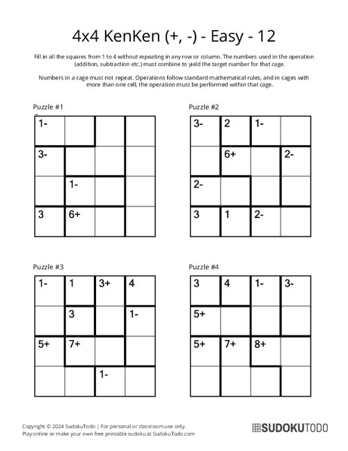 4x4 KenKen (+,-) - Easy - 12