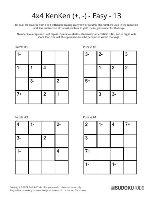 4x4 KenKen (+,-) - Easy - 13