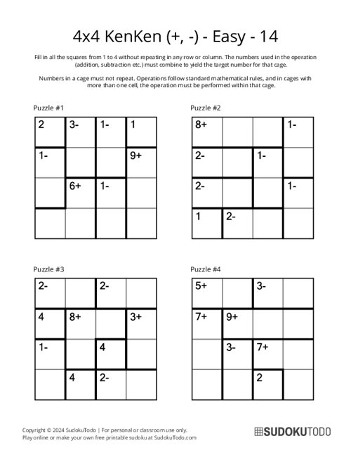 4x4 KenKen (+,-) - Easy - 14