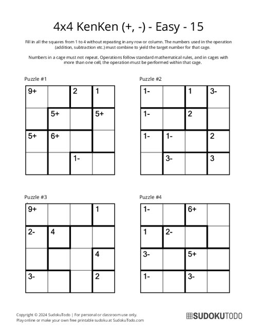 4x4 KenKen (+,-) - Easy - 15