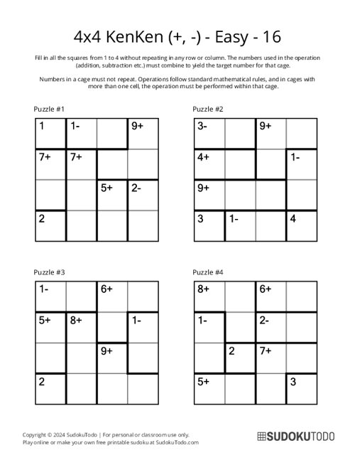 4x4 KenKen (+,-) - Easy - 16