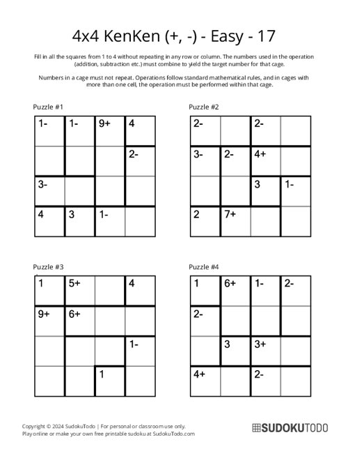 4x4 KenKen (+,-) - Easy - 17