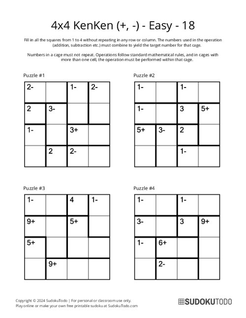 4x4 KenKen (+,-) - Easy - 18